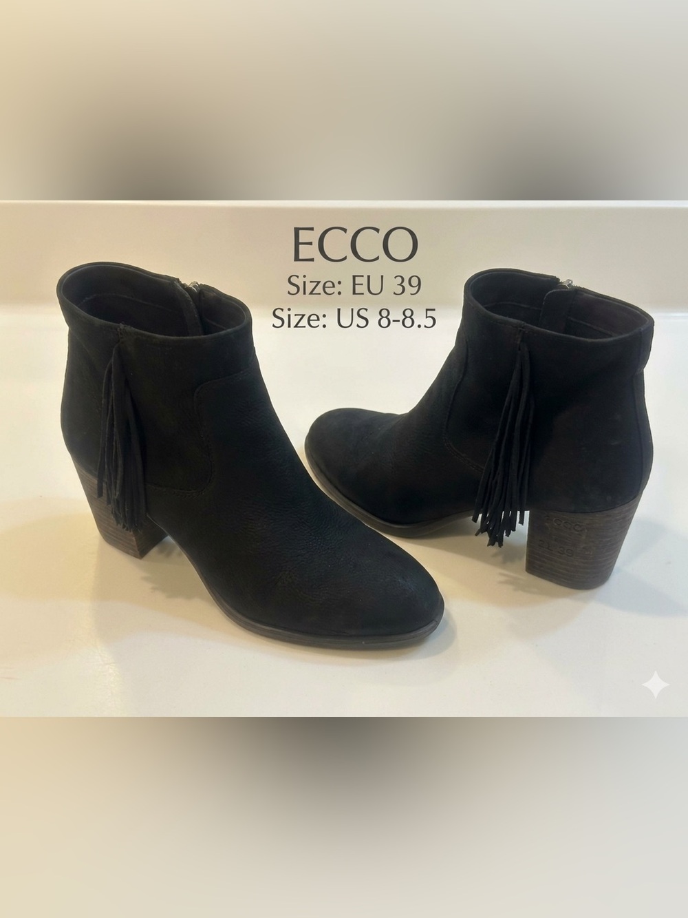 ECCO Shape 55 Black Leather Fringe Ankle Booties 3” Block Heel EU 39 / US 8–8.5